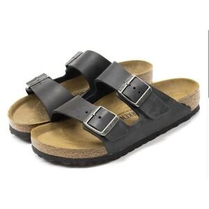 Birkenstock Arizona Black Leather Sandals (EU 39 US 8) Two Strap Slides